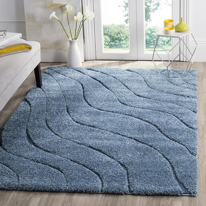 SAFAVIEH Florida Shag Collection Area Rug - 6'7" Square, Cream & Blue, Non-Shedding & Easy Care, 1.2-inch Thick Ideal for High Traffic Areas in Living Room, Bedroom (SG472-1165)