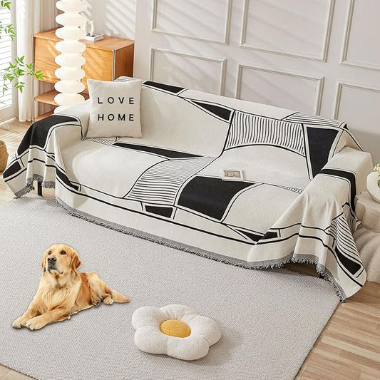 HAOMAIJIA Non Slip Sofa Cover - Washable Sectional Couch Covers for Dogs & Pets - Living Room Furniture Protector (Black-Cream, 71"x134")