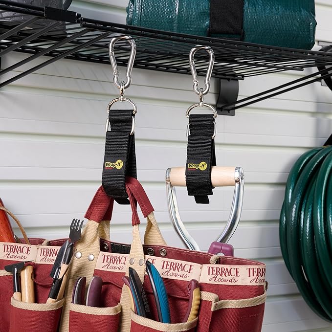 Hook 'n Hang Wrap-It Storage Straps - 12" (2-Pack) Blaze Orange - Carabiner Straps to Use as Extension Cord Holder for Cord Storage or Garden Hose Strap