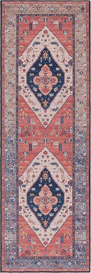 SAFAVIEH Washable Rug Tucson Collection - 2'6' x 6' Runner, Rust & Blue, Slip Resistant & Easy to Clean, Ideal for Hallway, Foyer, Entryway, Bedroom (TSN153P)