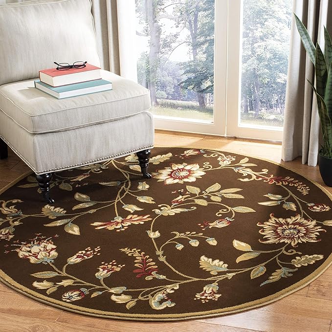 SAFAVIEH Lyndhurst Collection Area Rug - 5'3" Round, Brown & Multi, Traditional Floral Design, Non-Shedding & Easy Care, Ideal for High Traffic Areas in Living Room, Bedroom (LNH552-2591)
