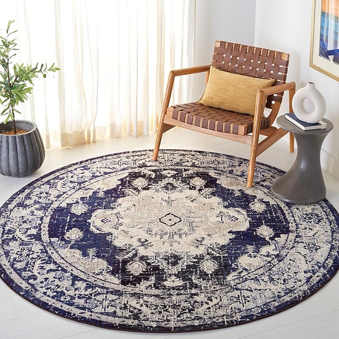 SAFAVIEH Monaco Collection Area Rug - 8' x 10', Ivory & Navy, Non-Shedding & Easy to Clean, Distressed Medallion Design, Ideal for Living Room, Bedroom, Dining Space (MNC243C)