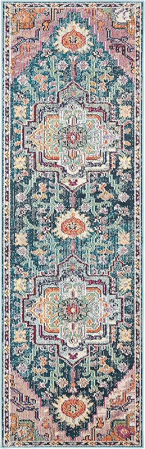 SAFAVIEH Crystal Collection Runner Rug - 2'2" x 19', Teal & Rose, Medallion Distressed Design, Non-Shedding & Easy Care, Ideal for High Traffic Areas in Living Room, Bedroom (CRS501T)