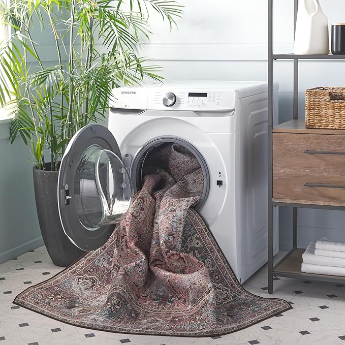 SAFAVIEH Washable Rug Tucson Collection - 6' x 9', Pink & Beige, Slip Resistant & Easy to Clean, Ideal for Living Room, Bedroom, Dining Space (TSN144U)
