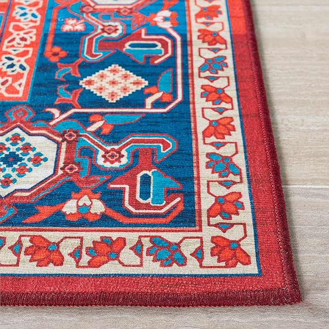 SAFAVIEH Washable Rug Tucson Collection - 2'6' x 8' Runner, Red & Blue, Slip Resistant & Easy to Clean, Ideal for Hallway, Foyer, Entryway, Bedroom (TSN101Q)