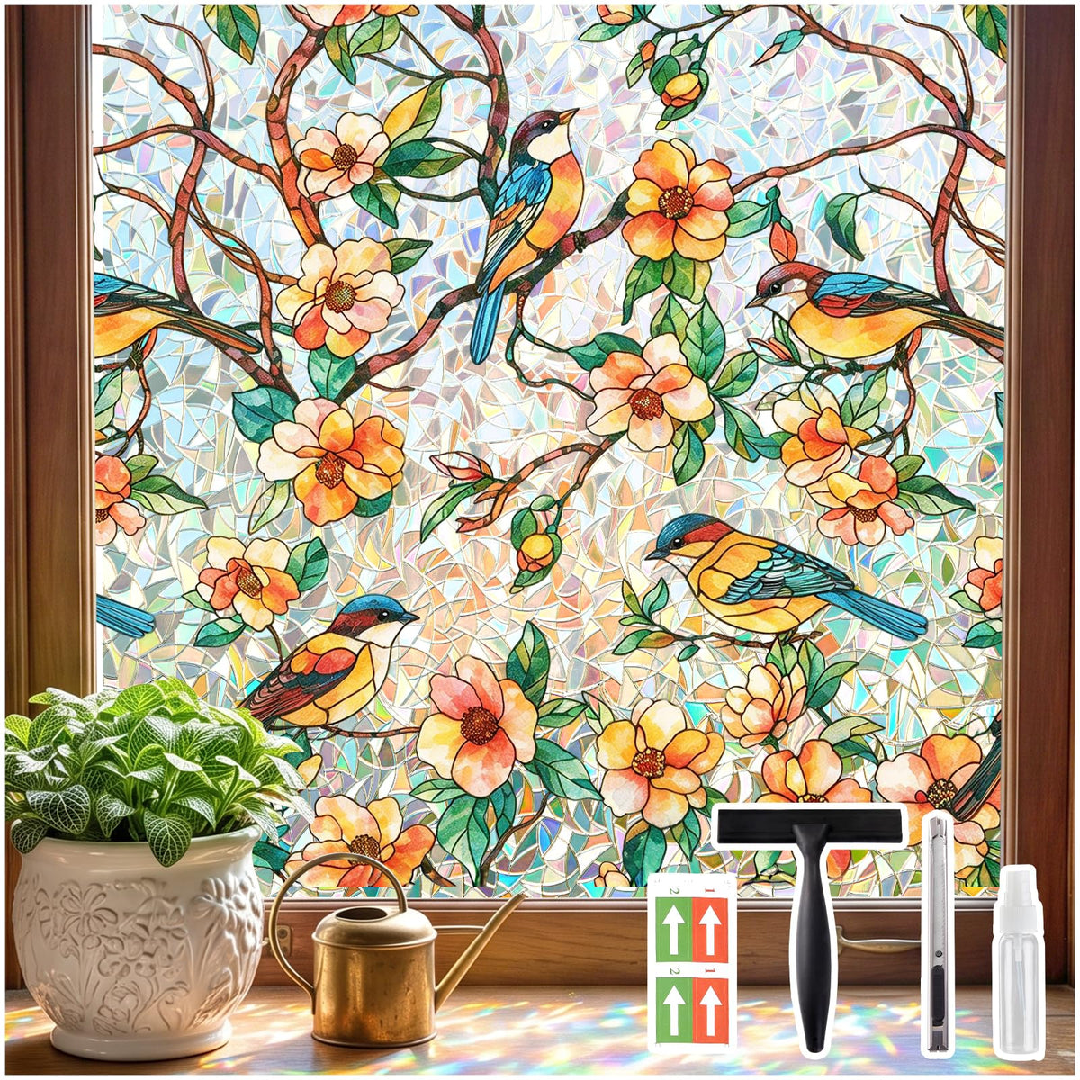 Coavas Stained Glass Window Privacy Film, Rainbow Cling - Image 1