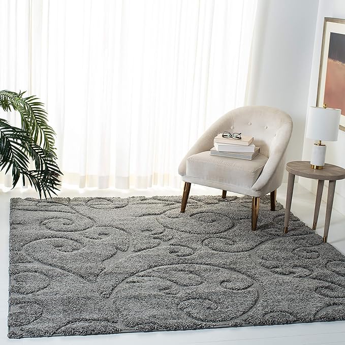 SAFAVIEH Florida Shag Collection Area Rug - 9' Square, Grey, Scroll Design, Non-Shedding & Easy to Clean, High-Low Plush Pile, Ideal for Living Room, Bedroom, Dining Space (SG455-8013)