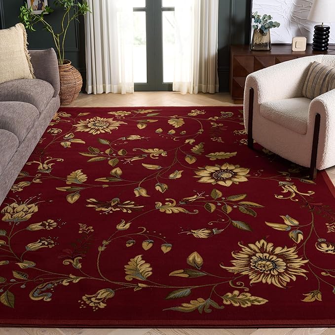 SAFAVIEH Lyndhurst Collection Area Rug - 8'9" x 12', Red & Multi, Traditional Floral Design, Non-Shedding & Easy Care, Ideal for High Traffic Areas in Living Room, Bedroom (LNH552-4091)