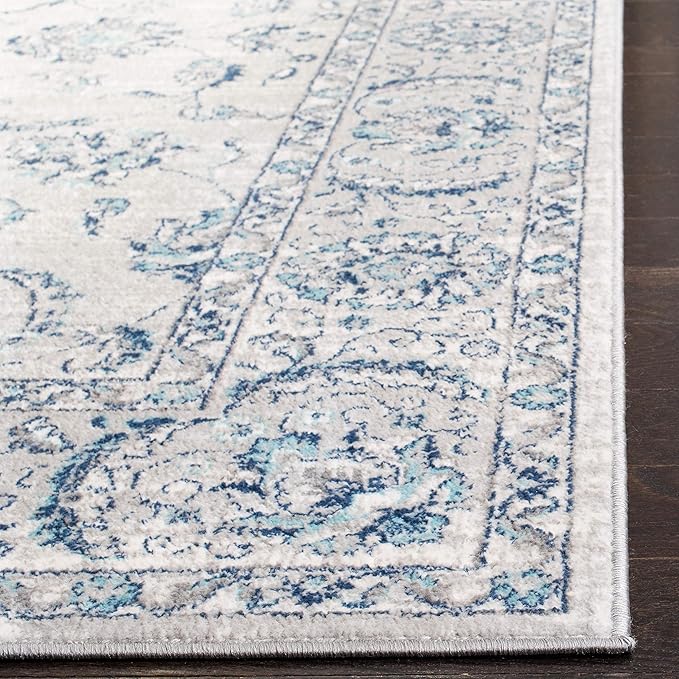 SAFAVIEH Brentwood Collection Area Rug - 5' Square, Light Grey & Blue, Oriental Floral Scroll Design, Non-Shedding & Easy Care, Ideal for High Traffic Areas in Living Room, Bedroom (BNT854G)