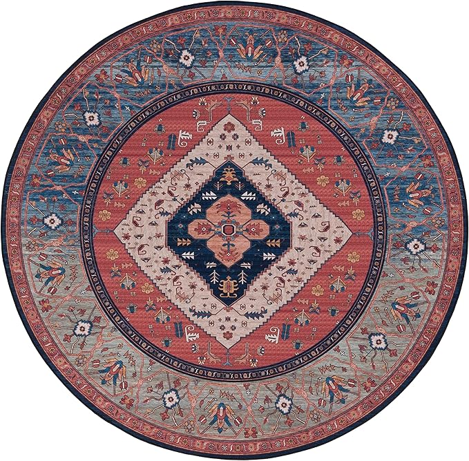 SAFAVIEH Washable Rug Tucson Collection - 4' Round, Rust & Blue, Slip Resistant & Easy to Clean, Ideal for Foyer, Kitchen, Nursery, Office, Bedroom (TSN153P)