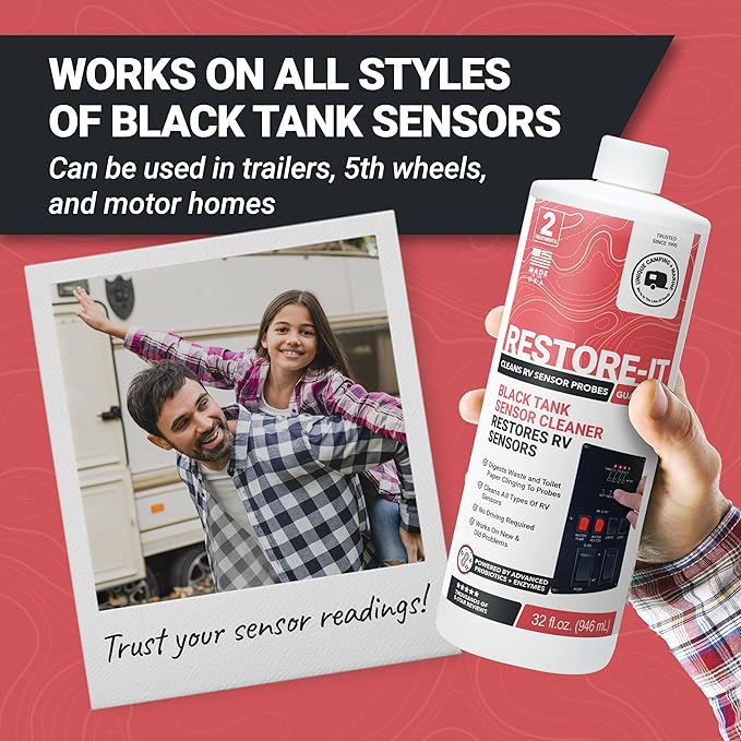 Unique Restore-It RV Sensor Cleaner Liquid - Cleans and Restores Misreading Sensor Probes by Removing Stuck-On Waste in Black Tanks - 2 Treatments Per Bottle (32 oz, 2-Pack)