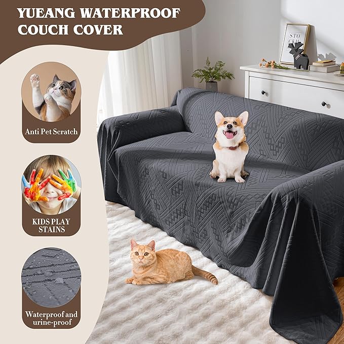 Waterproof Couch Cover, Reversible, Pet-Friendly, Washable and Anti-Slip Couch Covers for Sofa Protection with 3 Cushions, Sofa Slipcovers for Dogs and Cats (71×118in/Dark Grey)