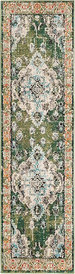 SAFAVIEH Monaco Collection Runner Rug - 2'2" x 8', Forest Green & Light Blue, Non-Shedding & Easy to Clean, Distressed Medallion Design, Ideal for Hallway, Foyer, Entryway, Kitchen, Bedroom (MNC243F)