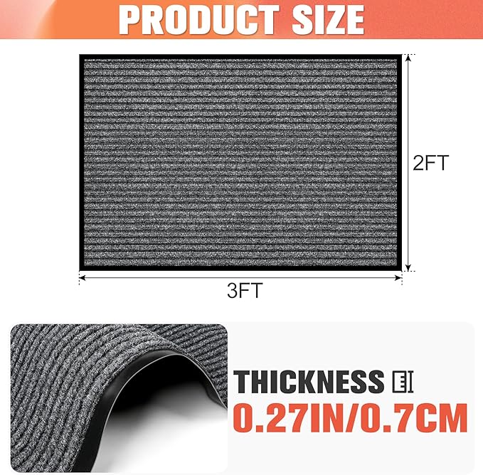 MYFAMIREA Commercial Floor Mat 2' x 3' Extra Large Front Door Industrial Rug Heavy Duty Brush Step Entrance Mat Weather Utility Rug with Non Slip Rubber Backing Low Profile for Entryway, Charcoal Grey
