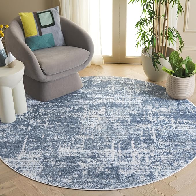 SAFAVIEH Amelia Collection Area Rug - 7' Round, Ivory & Steel Blue, Modern Abstract Design, Non-Shedding & Easy Care, Ideal for The Entryway, Living Room, Foyer (ALA700D)