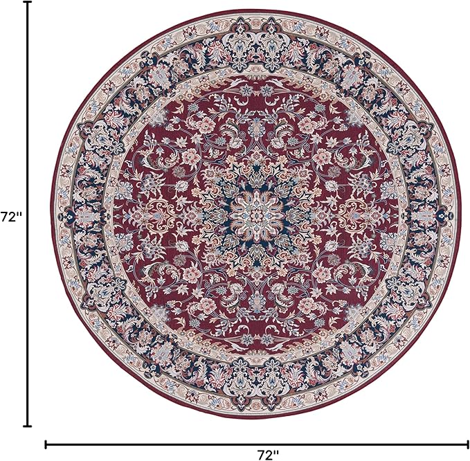 SAFAVIEH Washable Rug Tucson Collection - 6' Round, Red & Navy, Slip Resistant & Easy to Clean, Ideal for Living Room, Bedroom, Dining Space (TSN135Q)