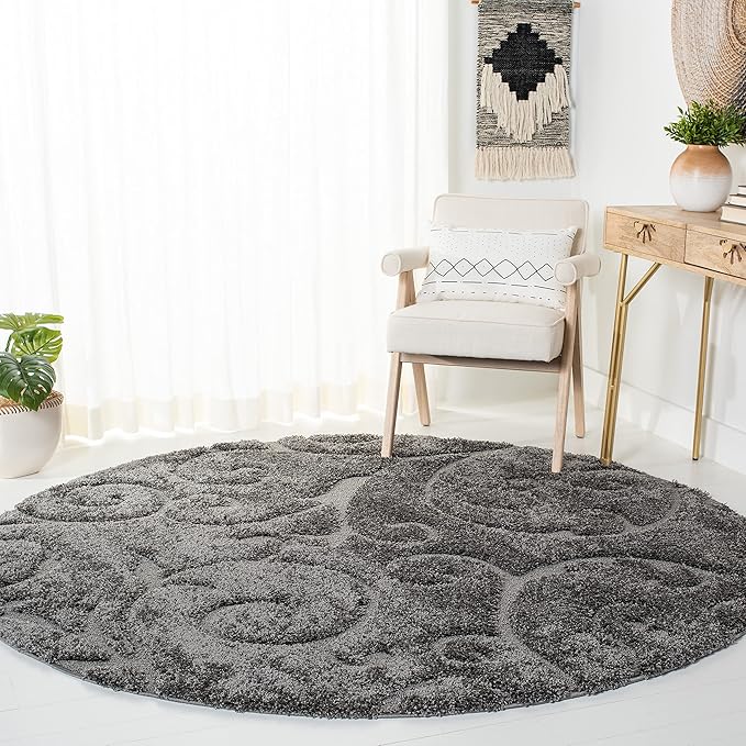 SAFAVIEH Florida Shag Collection Area Rug - 9' Round, Grey, Scroll Design, Non-Shedding & Easy to Clean, High-Low Plush Pile, Ideal for Living Room, Bedroom, Dining Space (SG455-8013)