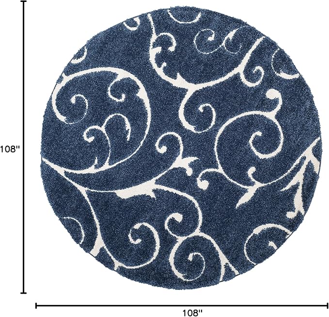 SAFAVIEH Florida Shag Collection Area Rug - 9' Round, Dark Blue & Cream, Scroll Design, Non-Shedding & Easy to Clean, High-Low Plush Pile, Ideal for Living Room, Bedroom, Dining Space (SG455-6511)
