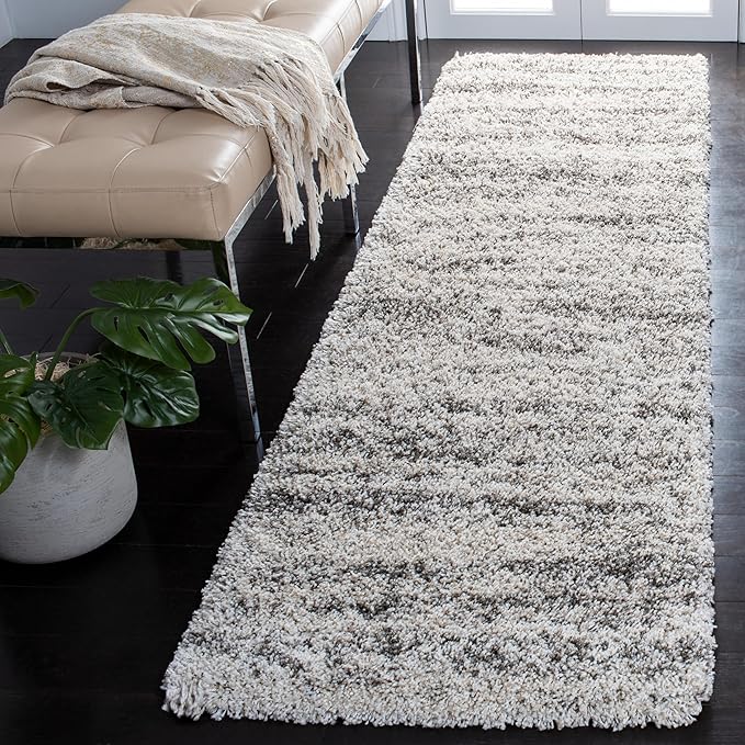 SAFAVIEH Hudson Shag Collection Runner Rug - 2'3" x 8', Ivory & Grey, Modern Design, Non-Shedding & Easy Care, 2-inch Thick Ideal for High Traffic Areas in Living Room, Bedroom (SGH206A)
