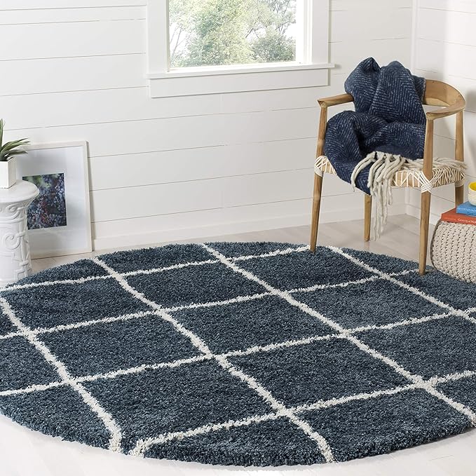 SAFAVIEH Hudson Shag Collection 7' Round Slate Blue/Ivory SGH281L Modern Diamond Trellis Non-Shedding Living Room Bedroom Dining Room Entryway Plush 2-inch Thick Area Rug