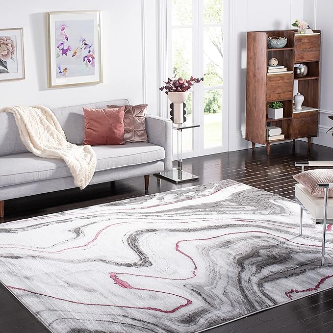 SAFAVIEH Craft Collection Area Rug - 8' x 10', Grey & Wine, Modern Abstract Marble Pattern Design, Non-Shedding & Easy Care, Ideal for High Traffic Areas in Living Room, Bedroom (CFT819S)