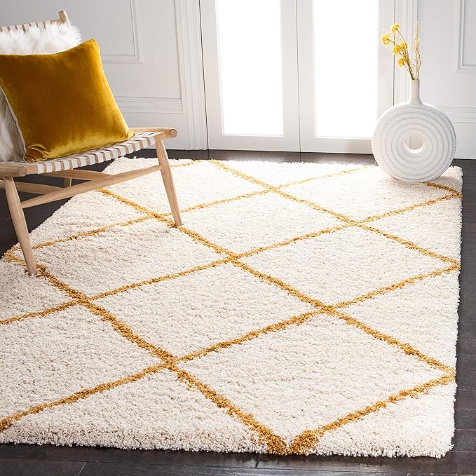 SAFAVIEH Hudson Shag Collection Accent Rug - 4' x 6', Ivory & Gold, Modern Trellis Design, Non-Shedding & Easy Care, 2-inch Thick Ideal for High Traffic Areas in Foyer, Living Room, Bedroom (SGH281E)