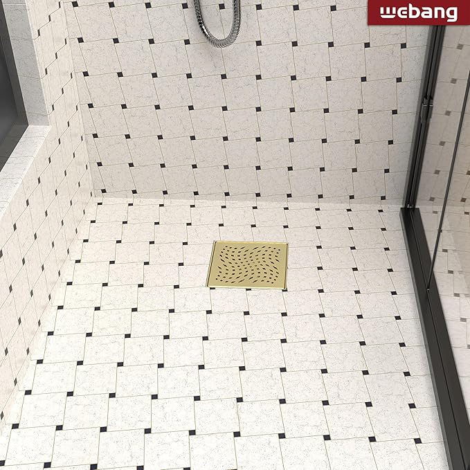 WEBANG 6 Inch Square Shower Drain Gold Floor Drain with Flange Wave-Hole Pattern Cover Grate Removable SUS304 Stainless Steel Watermark&CUPC Certified Brushed Gold