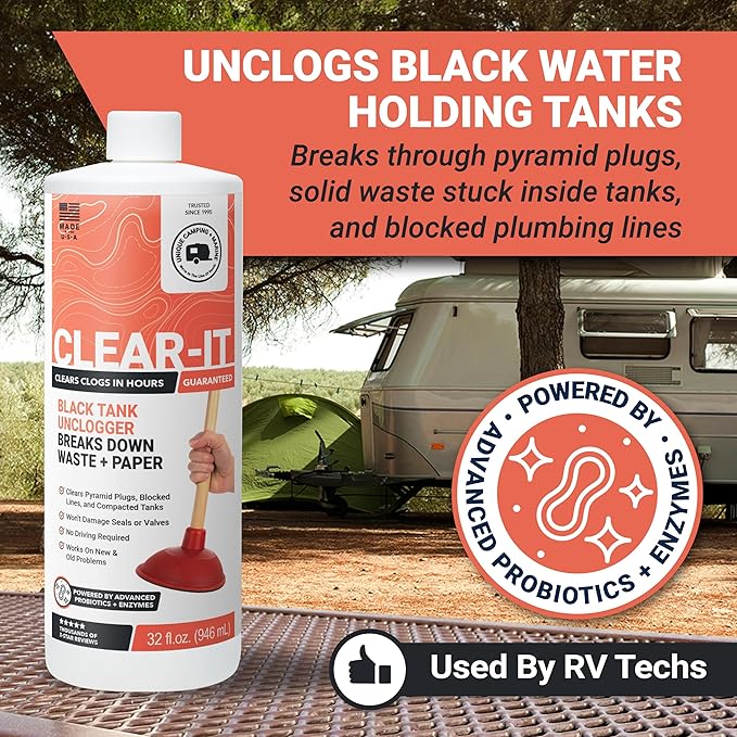 Unique Clear-It RV Black Tank Unclogger Liquid - Breaks Through Pyramid Plugs, Compacted Tanks, and Clogged Pipes (32 oz)