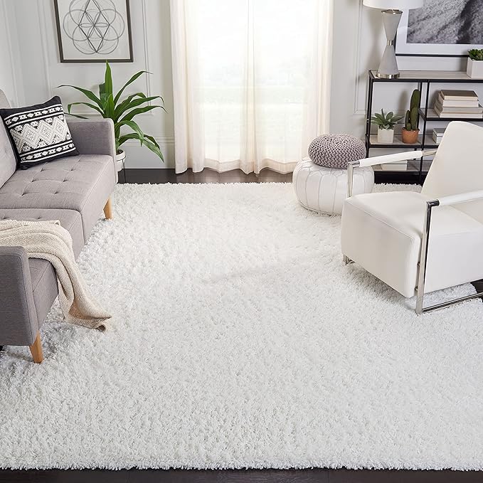 SAFAVIEH August Shag Collection Area Rug - 4' Square, White, Solid Design, Non-Shedding & Easy Care, 1.5-inch Thick Ideal for High Traffic Areas in Living Room, Bedroom (AUG200A)