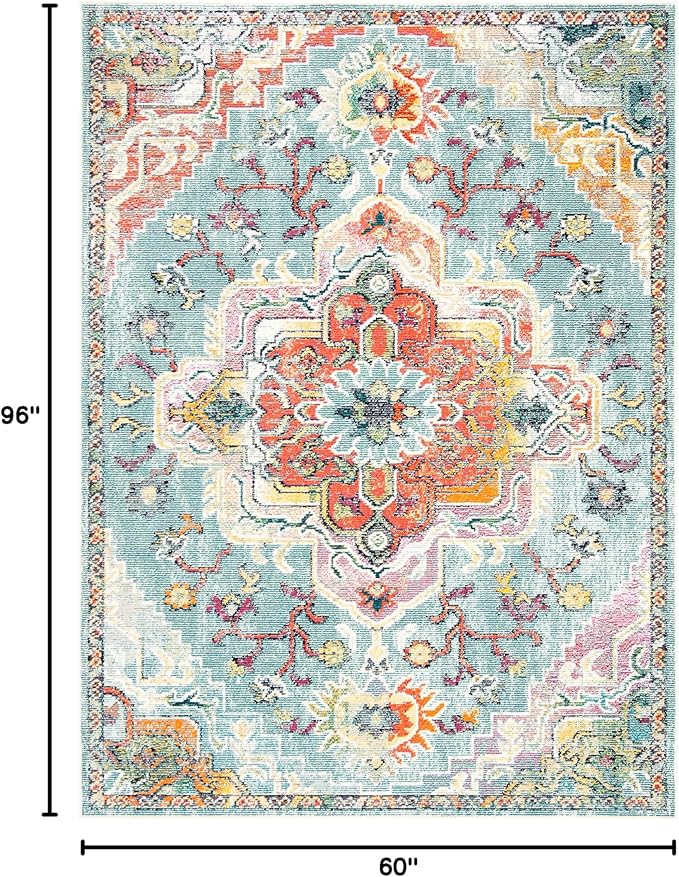SAFAVIEH Crystal Collection Area Rug - 5' x 8', Teal & Orange, Medallion Distressed Design, Non-Shedding & Easy Care, Ideal for High Traffic Areas in Living Room, Bedroom (CRS501J)