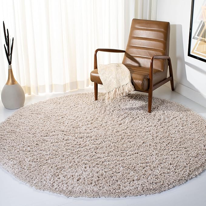 SAFAVIEH August Shag Collection 6'7" Round Beige AUG200D Solid Non-Shedding Living Room Bedroom Dining Room Entryway Plush 1.5-inch Thick Area Rug