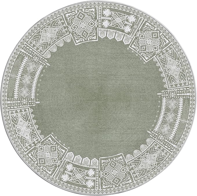 NICETOWN 4ft Round Christmas Rugs Green Boho Wahsable Rug, Thin Non-Slip Green Carpet for Dining Room, Non-Slip Faux Wool Soft Round for Living Room, Sage Green, 4ft