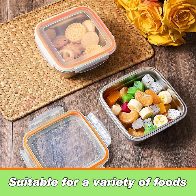 4 Pack Stainless Steel Sandwich Containers with Lids 25.4 oz Metal Food Container for Lunch Boxes with Airtight Silicone Seal for Sandwiches and Snacks(Orange)