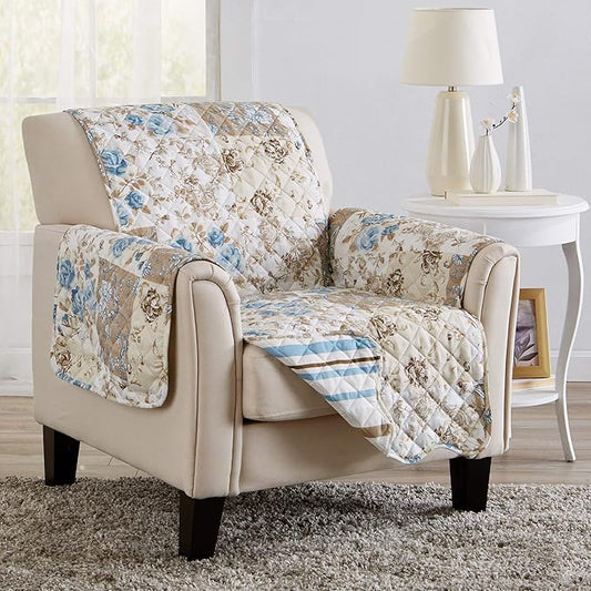 Great Bay Home Reversible Floral Patchwork Furniture Protector - Machine Washable, Scalloped Edge, Stain Resistant, Printed Furniture Cover for Dogs, Kids, and Pets (Chair, Taupe/Blue)