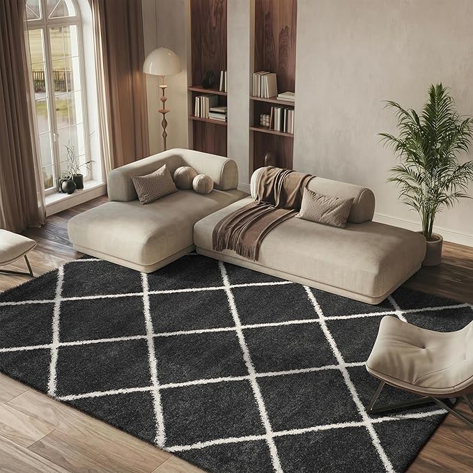 SAFAVIEH Hudson Shag Collection Area Rug - 10' x 14', Dark Grey & Ivory, Modern Trellis Design, Non-Shedding & Easy Care, 2-inch Thick Ideal for High Traffic Areas in Living Room, Bedroom (SGH281G)