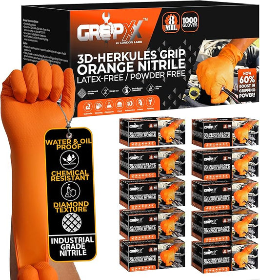 Herkules Grip Heavy Duty 8Mil Orange Nitrile Gloves,3D Raised Diamond Texture-Latex & Powder Free-Industrial, Mechanic (10, X-Large)