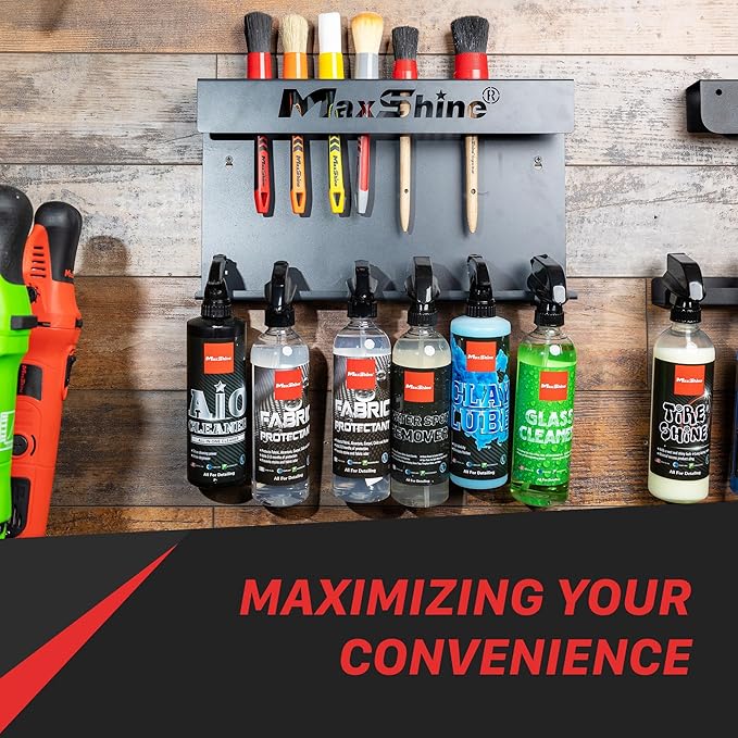 Maxshine Universal Brush & Trigger Bottle Holder – Wall-Mount Organizer Holds 10 Brushes & 6 Spray Bottles – Black Powder-Coated Metal Rack for Garage, Auto Detailing Shop & Car Care Storage
