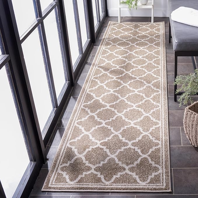 SAFAVIEH Amherst Collection Runner Rug - 2'3" x 9', Wheat & Beige, Moroccan Trellis Design, Non-Shedding & Easy Care, Ideal for High Traffic Areas in Living Room, Bedroom (AMT422S)