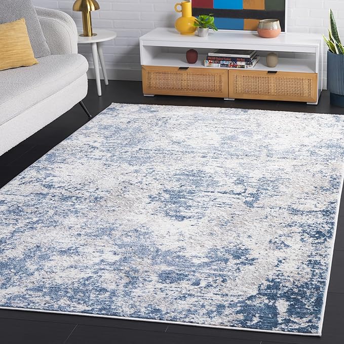 SAFAVIEH Amelia Collection Area Rug - 9' x 12', Dark Blue & Grey, Modern Abstract Design, Non-Shedding & Easy Care, Ideal for The Living Room, Dining, Bedroom (ALA705M)
