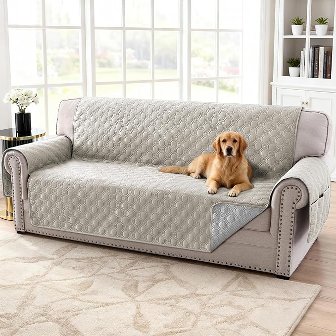 H.VERSAILTEX 100% Waterproof Couch Covers for Sofa Triple Non-Slip Sofa Slipcovers with Storage Pocket Thick Soft Sofa Covers for Pets Washable(XL Sofa, French Oak)
