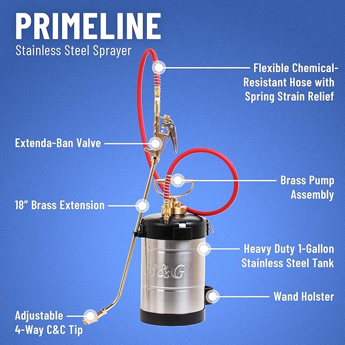 B&G - Primeline 1 Gallon Stainless Steel Sprayer (N124-CC-18) - Extenda-Ban Valve - 18" Brass Extension - 4-Way Crack & Crevice Tip - Durable, Precise, Field Repairable