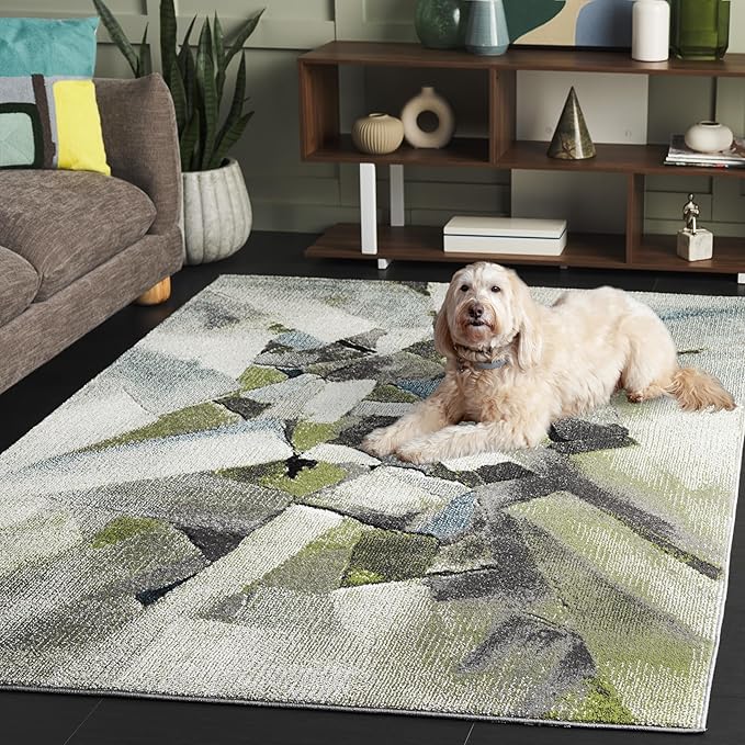 SAFAVIEH Porcello Collection Area Rug - 4' x 6', Green & Grey, Modern Abstract Pattern, Non-Shedding & Easy Care, Ideal for Living Room, Foyer, Bedroom (PRL6937Y-4)