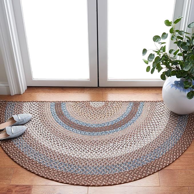 SAFAVIEH Washable Rug Outdoor Braided Collection - 2'6" x 5' Half Moon Shape, Brown & Multi, Handmade & Reversible, Non-Shedding & Easy to Clean, Entryway, Front Door, Kitchen, Mudroom (BRD313A)