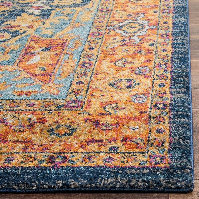SAFAVIEH Evoke Collection Area Rug - 3' Square, Blue & Orange, Oriental Medallion Distressed Design, Non-Shedding & Easy Care, Ideal for High Traffic Areas in Living Room, Bedroom (EVK275C)