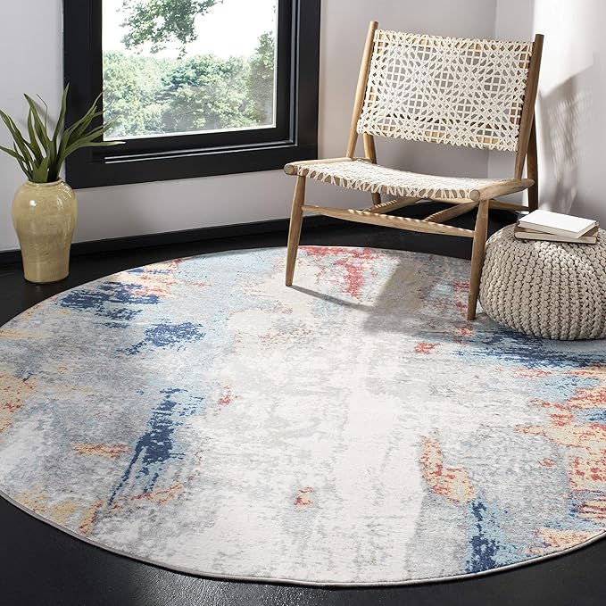SAFAVIEH Jasper Collection Area Rug - 8' Round, Grey & Red, Modern Abstract Design, Non-Shedding & Easy Care, Ideal for High Traffic Areas in Living Room, Bedroom (JSP101C)