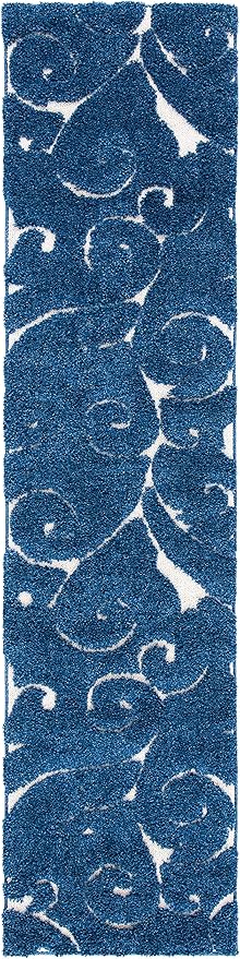 SAFAVIEH Florida Shag Collection Runner Rug - 2'3" x 9', Dark Blue & Cream, Scroll Design, Non-Shedding & Easy to Clean, High-Low Plush Pile, Ideal for Bedroom, Foyer, Hallway (SG455-6511)