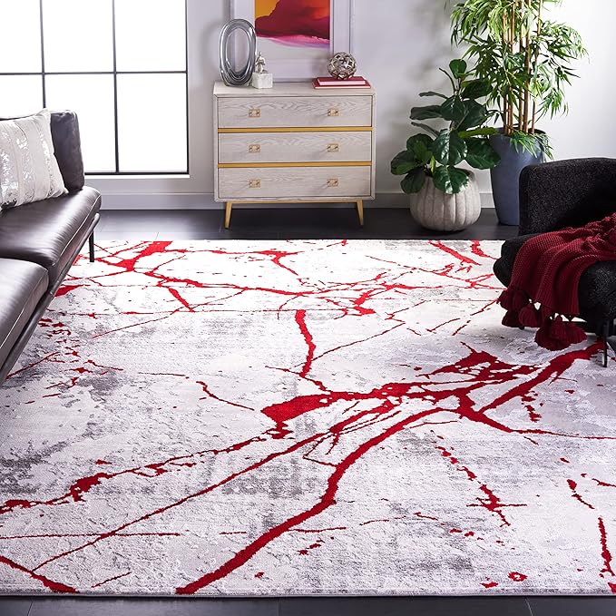 SAFAVIEH Amelia Collection Area Rug - 9' x 12', Grey & Red, Modern Abstract Design, Non-Shedding & Easy Care, Ideal for High Traffic Areas in Living Room, Bedroom (ALA293L)