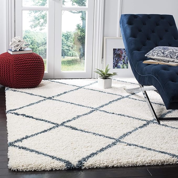SAFAVIEH Hudson Shag Collection Area Rug - 3' Square, Ivory & Slate Blue, Modern Trellis Design, Non-Shedding & Easy Care, 2-inch Thick Ideal for High Traffic Areas in Living Room, Bedroom (SGH281T)