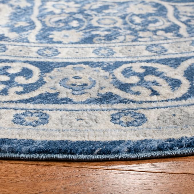 SAFAVIEH Brentwood Collection 5' Round Navy / Light Grey BNT870M Oriental Damask Trellis Non-Shedding Dining Room Entryway Foyer Living Room Bedroom Area Rug