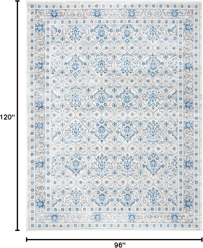 SAFAVIEH Brentwood Collection 8' x 10' Ivory/Blue BNT870A Oriental Damask Trellis Non-Shedding Living Room Bedroom Dining Home Office Area Rug